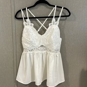 Women's White Lace Bodice Tank Top with Crisscross Straps